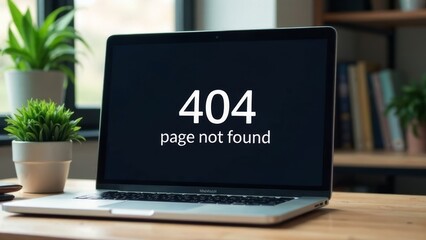 Wall Mural - a laptop on a wooden desk shows a 404 page not found error. the background features a window with na