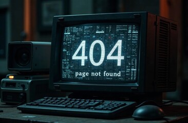 Wall Mural - a vintage computer monitor shows a 404 page not found error message. the surrounding environment is 