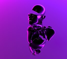 Wall Mural - 3D surrealistic illustration of a shattered statue of a man floating in the air in neon light.