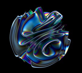 Poster - Holographic chrome plated deformed 3d sphere on dark background.