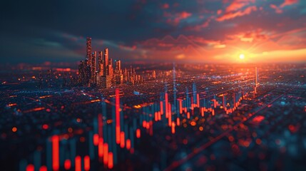 Wall Mural - futuristic city skyline at sunset with glowing data visualizations.