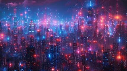 Wall Mural - futuristic cityscape at night, glowing skyscrapers and vibrant lights.