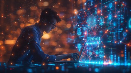 Man using laptop, digital training interface.