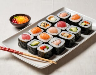 Wall Mural - sushi on a plate with chopsticks