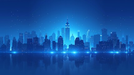 Wall Mural - night cityscape skyline reflected in water, illuminated buildings, stars.