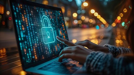 Person using laptop with digital lock security screen at night.