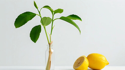 Canvas Print - Growing lemon plant cutting in glass bottle with ripe lemons. Concept of growth, freshness, and natural products.