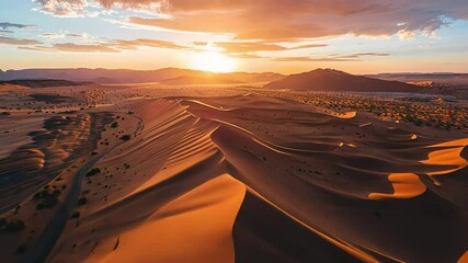 Wall Mural - Golden sand dunes in a vast desert illuminated by soft sunrise light