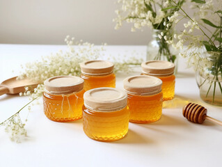 Sticker - Jars of Honey on White Table with Flowers and Plants 