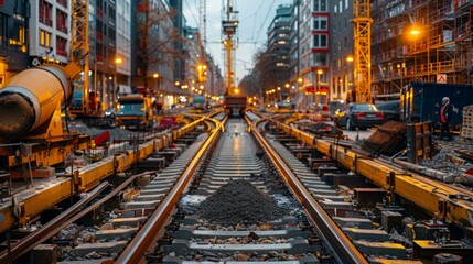 Naklejka na meble Urban railway tracks under construction at dusk.