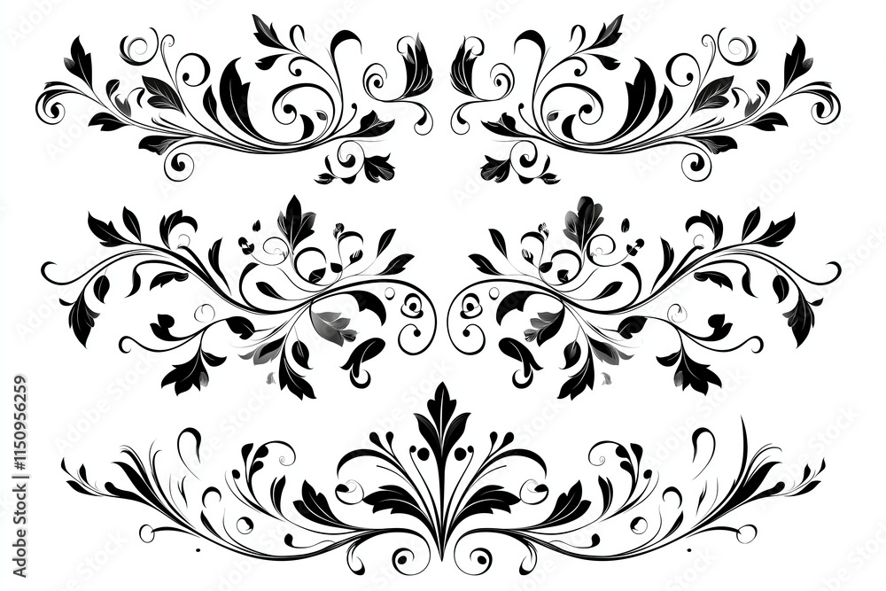 Elegant black floral ornament vector set, decorative vintage elements ...