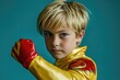 © Kien - A young boy dressed as a superhero, wearing a red and yellow costume with a lightning bolt emblem on the chest, isolated against a turquoise background