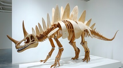 A Stegosaurus skeleton, with its distinct plates and spiked tail, displayed on a white background