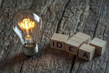 Wall Mural - A light bulb glowing softly next to the word 