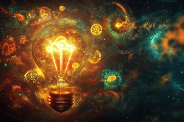 Wall Mural - a light bulb glowing with energy, surrounded by small glowing gears and abstract patterns, represent