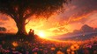 © HuynhThiThuy - A romantic sunset scene where a couple sits back against a tree on a meadow, wrapped in a warm blanket, the glowing orange and pink sky illuminating their peaceful moment,