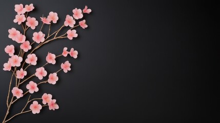 Wall Mural - A delicate branch of pink flowers against a dark background, creating a serene and elegant aesthetic.