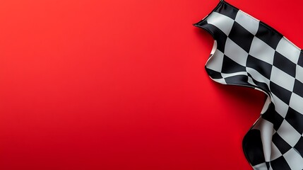 Fototapete - Checkered flag on red background, copy space.