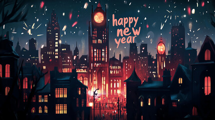 A city at night lit with warm lights and Happy New Year is written above