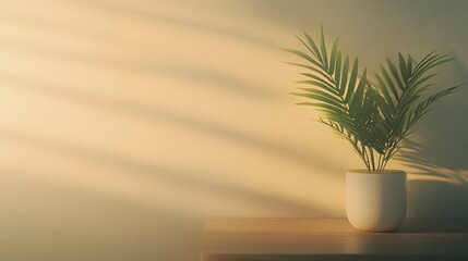 Poster - A tranquil indoor scene featuring a potted plant casting soft shadows on a warm wall, creating a serene atmosphere.