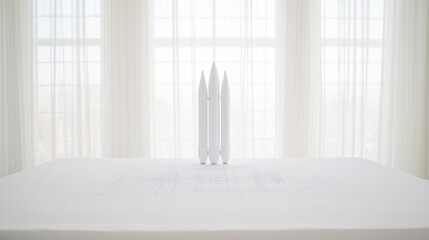 Canvas Print - A serene, minimalist setting featuring white candles arranged on a light table, illuminated by natural light from large windows.