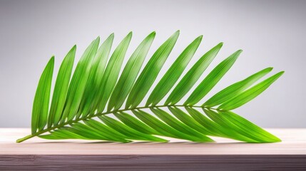 Poster - A vibrant green palm leaf rests elegantly on a wooden surface, showcasing its elongated fronds against a soft, neutral background.