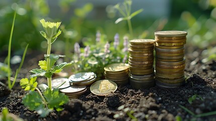 Coins stacked on dirt with plants