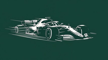 Fototapete - White outline of a Formula 1 race car speeding on a dark green background.