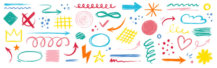 Aufkleber - Arrow brush line color paint element shape set. Crayon abstract doodle color circle, arrow sketch hand drawn. Texture crayon brush sketch style shape background. Vector illustration