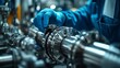 © HuynhThiThuy - A close-up photograph of a gloved hand adjusting a sleek metallic pipe joint, surrounded by advanced tools and components in a bright, high-tech workshop, reflective lighting creating a polished,