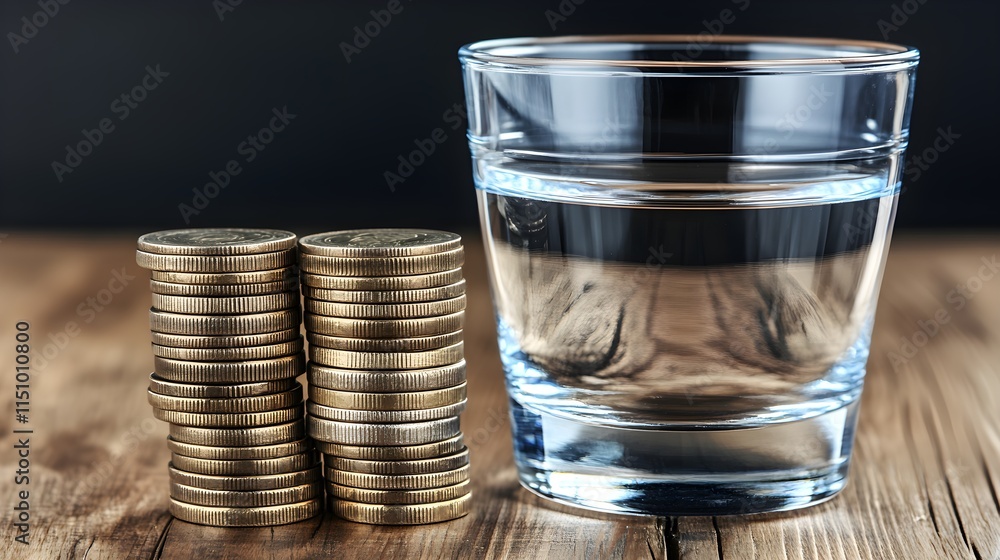 Stacking Coins Next To Water Glass Tabletop Setting Financial Concept