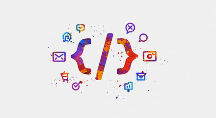 colorful code braces with app icons web design software development