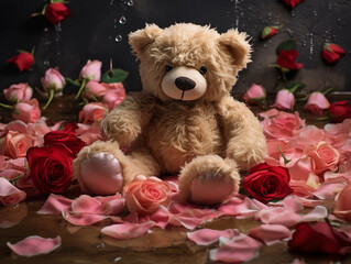 Wall Mural - Teddy Bear with Red Rose Petals on Valentine's Day