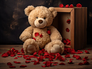 Wall Mural - Teddy Bear with Red Rose Petals on Valentine's Day