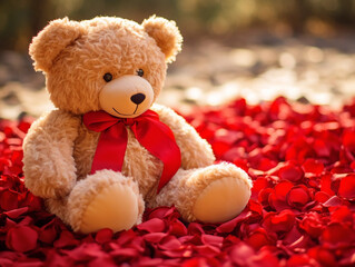 Wall Mural - Teddy Bear with Red Rose Petals on Valentine's Day 