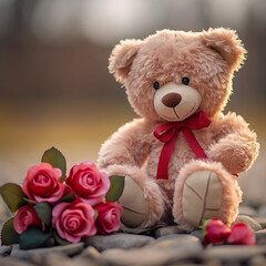 Wall Mural -  Teddy Bear with Red Rose Petals on Valentine's Day
