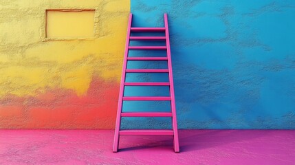 Poster - A vibrant image of a pink ladder leaning against a wall painted in bold shades of yellow, blue, and pink. This image symbolizes growth, ambition, and reaching new heights. 
