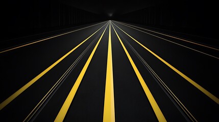 Fototapete - Abstract dark tunnel with yellow lines converging at vanishing point.