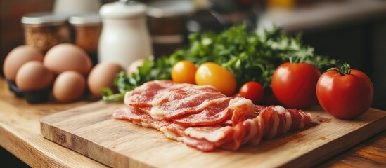 Delicious Breakfast Preparation:  Bacon, Eggs, and Fresh Vegetables Ready for Cooking