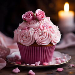 Wall Mural - Valentine's Day Cupcake with White Icing and Pink Roses 