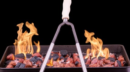 Sticker - Flames dance over sizzling meat in a grill, showcasing a vibrant cooking scene perfect for outdoor barbecue enthusiasts.