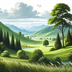 a stunning green panorama with rolling fields, pine trees, and misty peaks ideal for eco-friendly or