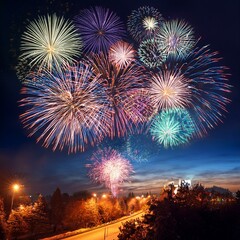 bright exploding fireworks against a dark sky right after sunset over city town lights in a new year