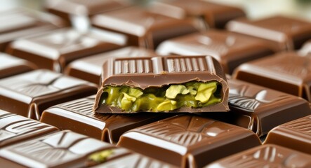 chocolate bars, milk chocolate squares, pistachio filling, broken chocolate piece, nutty interior, green pistachios, textured chocolate surface, rich brown color, close-up photography, food styling, i