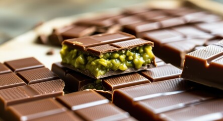 Chocolate squares, pistachio filling, green nutty center, broken chocolate bar, close-up food photography, rich textures, contrasting colors, indulgent dessert, gourmet confectionery, artisanal chocol