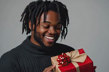 Wall Mural - Profile portrait happy african man with dreadlocks opening gift box and peeping inside with toothy smile, satisfied with present. Indoor studio shot isolated on gray background, hd, realistic 