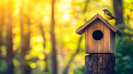 Bird perched on birdhouse in sunny forest.