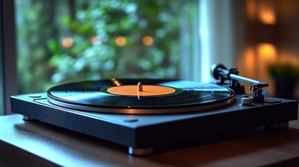 Wall Mural - Turntable playing vinyl record, ambient lighting.