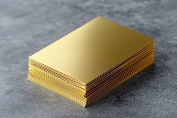 Wall Mural - Stack of blank golden business card on grey background. Blank name card. 