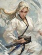 © SwiftSnaps - Tall icy blonde female martial artist stands fighting stance her serious expression testament her skill determination